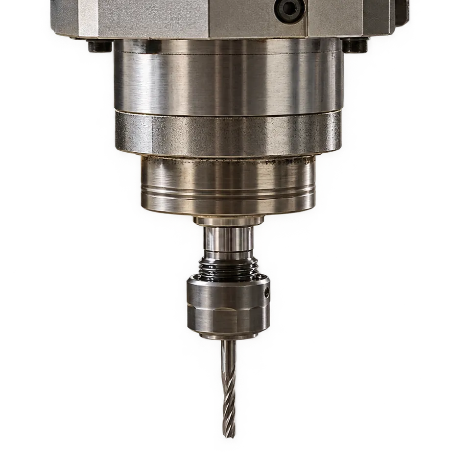 Close-up of a CNC router spindle with a cutting tool fitted.